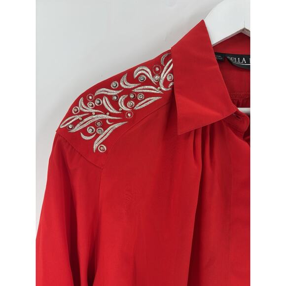 Vintage Della Roufogali Button Up Womens 14 Red Silver Western Rhinestone Silk - Picture 3 of 16
